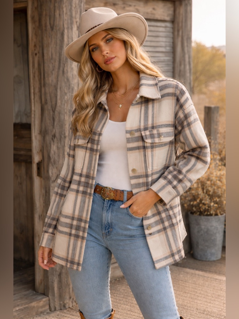 Old Navy Wool Plaid Shacket Jacket Beige Gray Button Front Oversized Medium